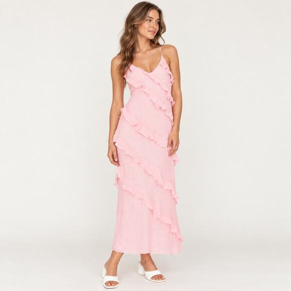 Here Comes the Sun Dresses & Skirts - Here Comes The Sun Pink Ruffle Maxi Dress Cascading Ruffle Halter Neck Small NWT